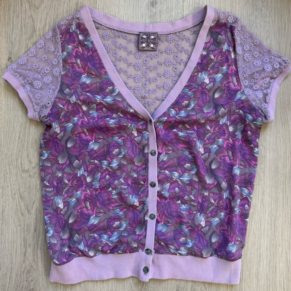 Free People Lightweight Cardigan Sheer Eyelet Floral Purple Top Size L Large